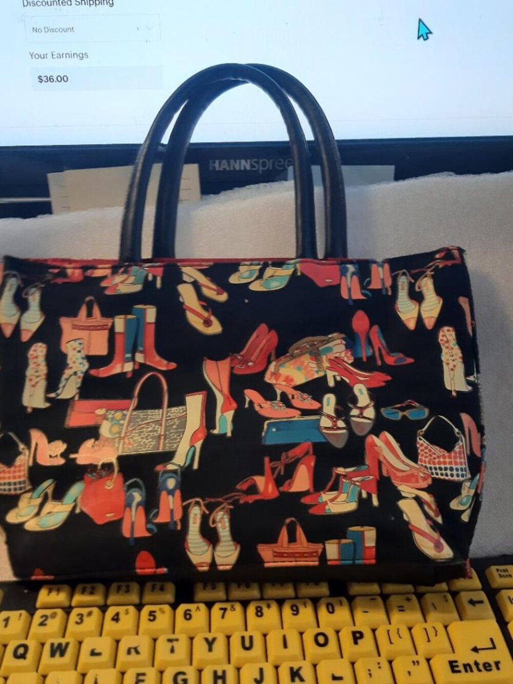 NEW ! Hand Bag Multicolor Novelty Print of Stylish High Heels Boots & Purses